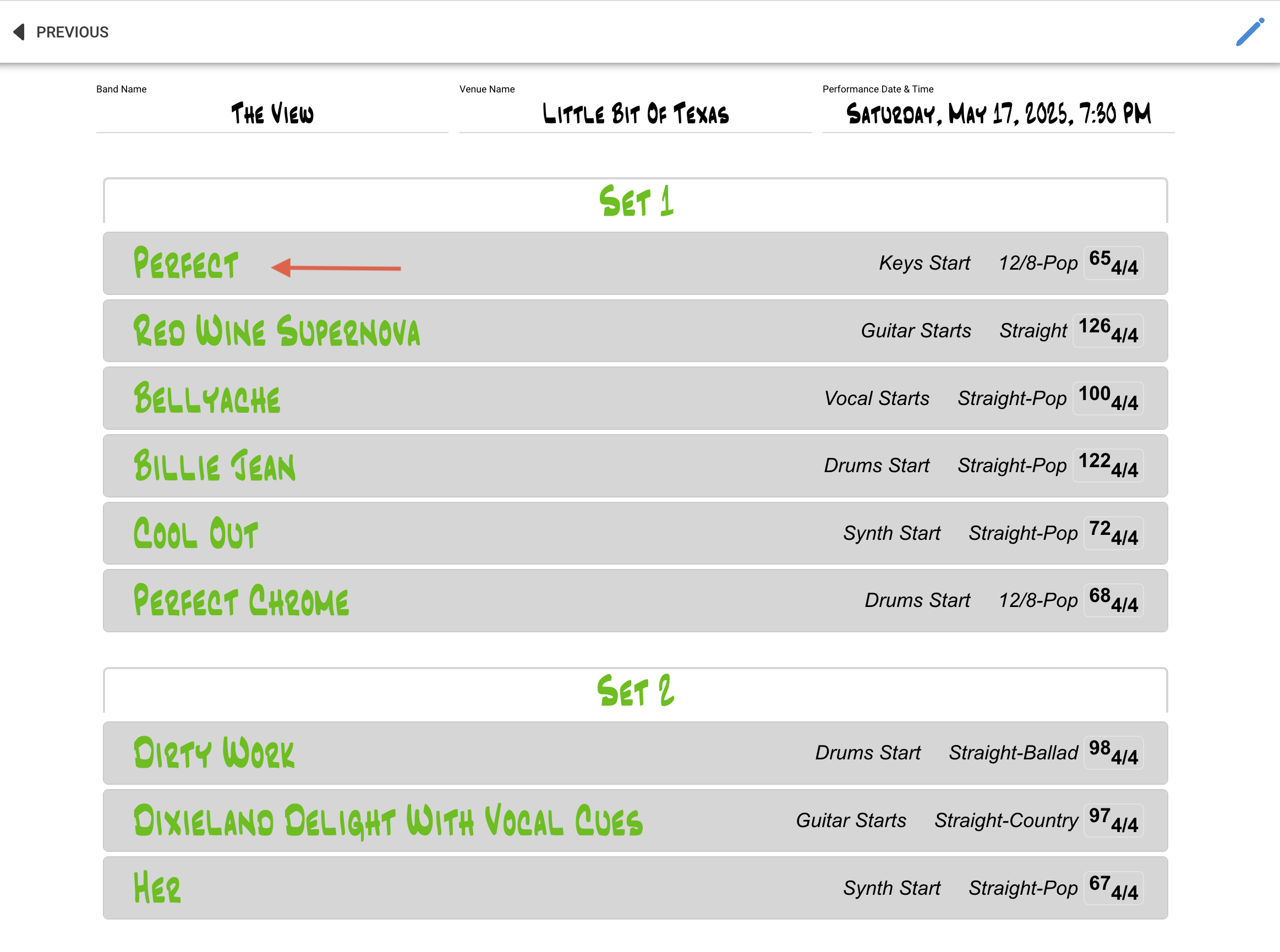 How to build a setlist in view mode before opening chart