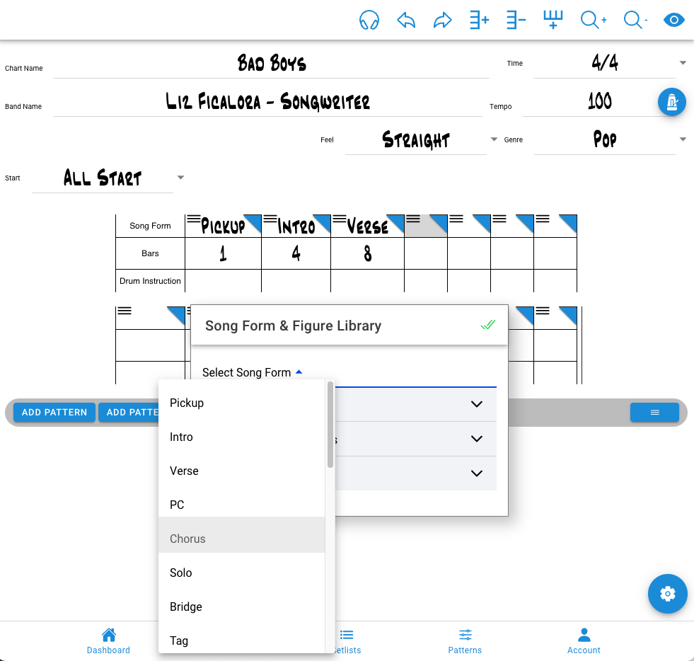 "Use the dropdown menus to add your song form—like intro, verse, and chorus. Then insert drum figures or custom patterns to build out your part."