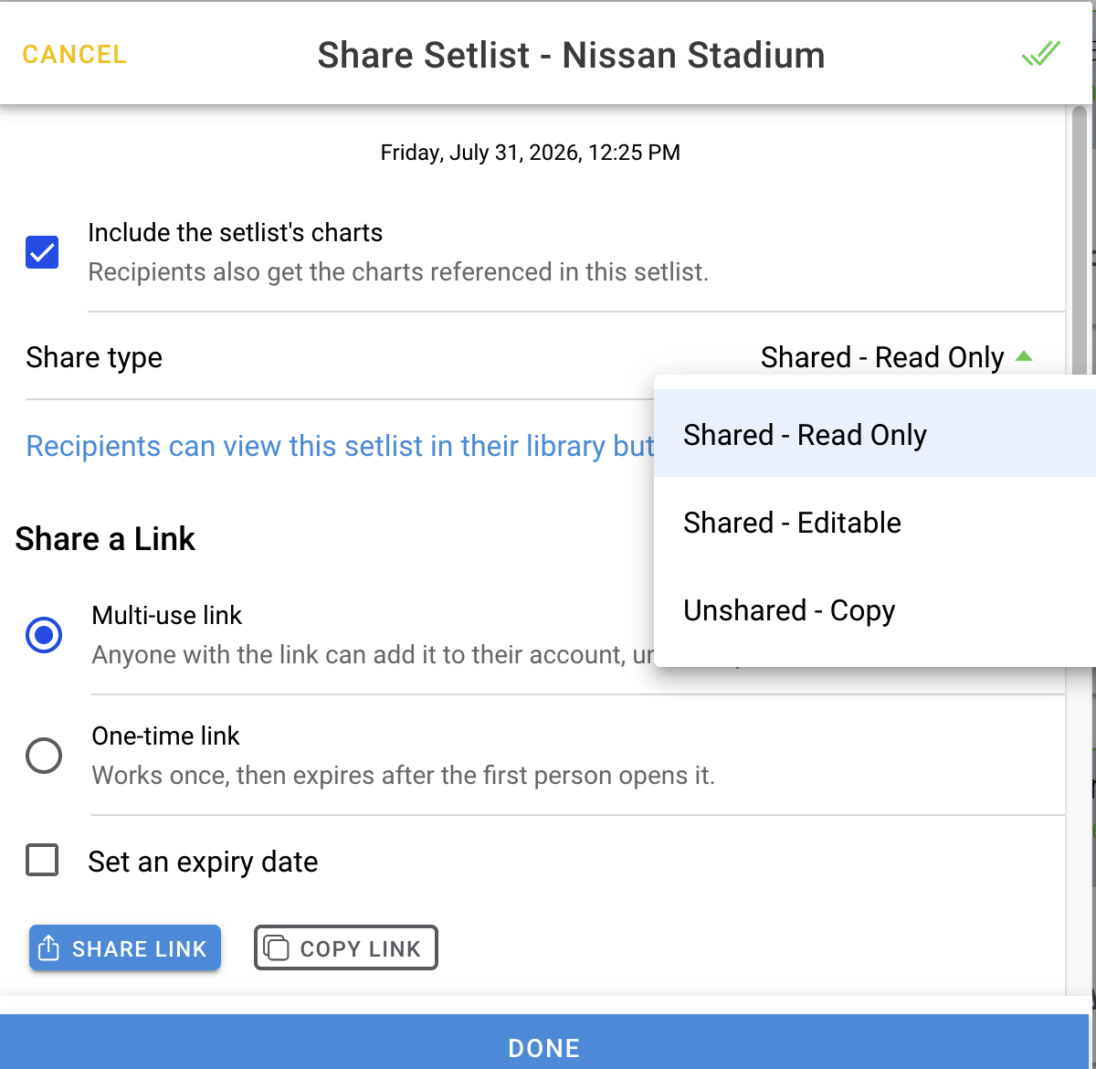 Setlist sharing new pro feature