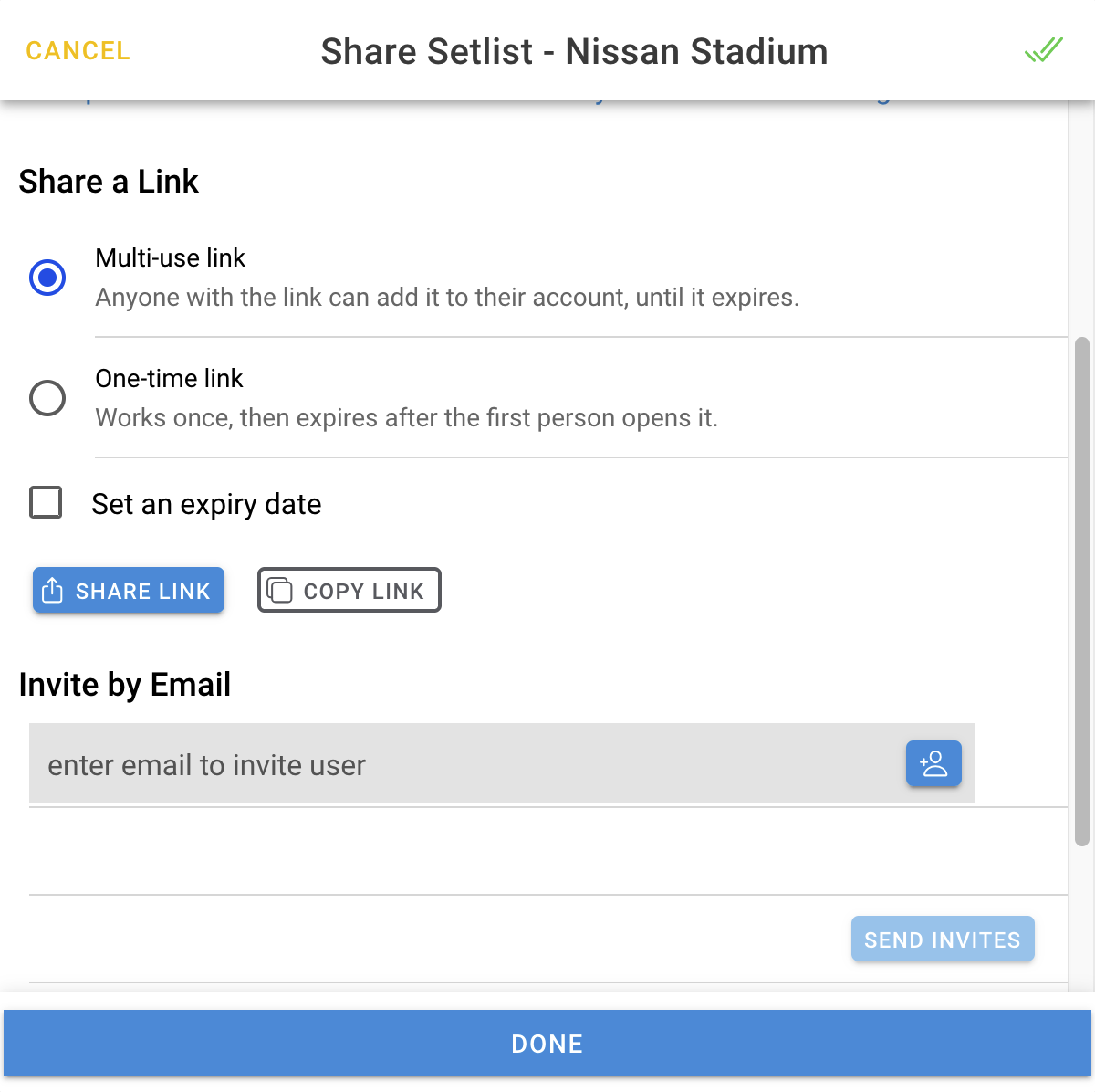 Share setlist by link and invite
