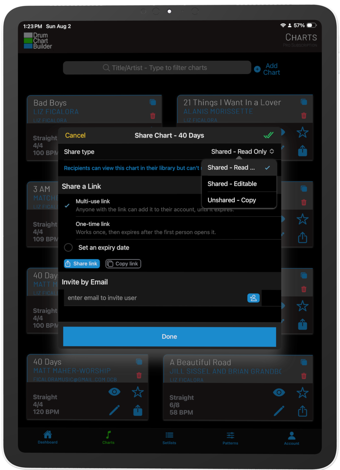 iPad Share a Chart popup with share type dropdown open dark mode Rotato Image 18B6